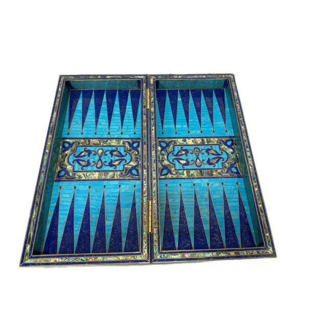 Handmade Wooden Backgammon & Chess Board Lapis, Turquoise & Mother of Pearl For Sale - Image 4 of 14