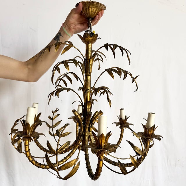 Vintage Hollywood Regency Gilt Faux Bamboo Metal Chandelier For Sale - Image 9 of 10