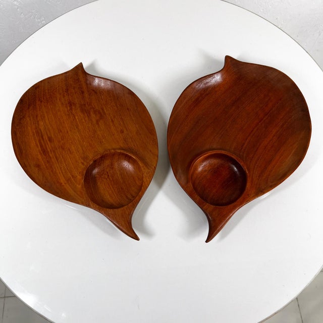 1960s Sculptural Teak Wood Two Leaf Shape Sectioned Plates For Sale - Image 9 of 9