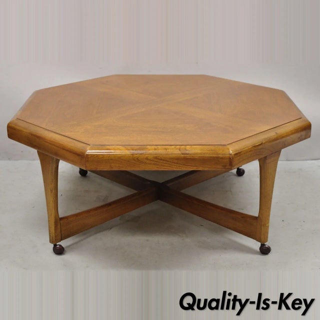 Lane Mid Century Modern Walnut Octagonal Stretcher Base Coffee Table For Sale - Image 13 of 13