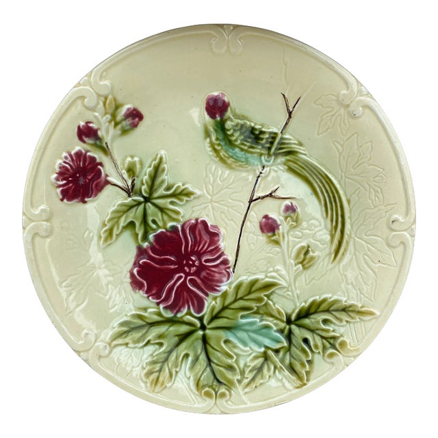 Majolica Paradise Bird & Flowers Salins Plate, Circa 1890 For Sale