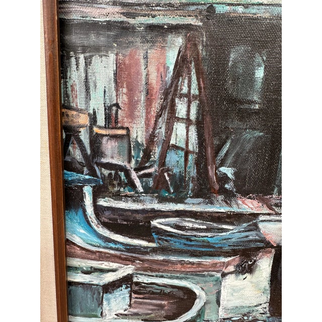 1970s California Impressionist Seascape Oil Painting Blackie's Boat Yard Newport Beach Waterfront Signed For Sale - Image 9 of 13