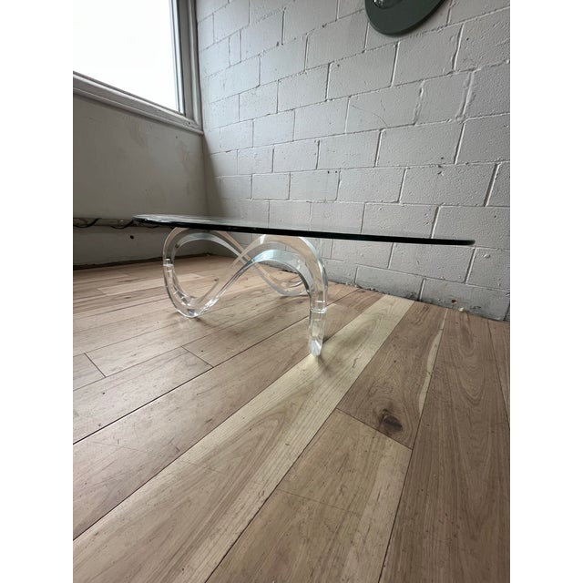 1970s Vintage Lucite Ribbon Wave Base Glass Top Coffee Table Mid-Century Modern, 1970s For Sale - Image 5 of 8