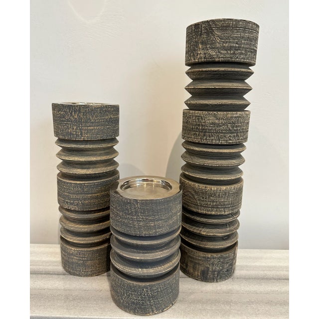 Slate Gray Studio A Home Weathered Large Scale Candle Holders - Set of 3 For Sale - Image 8 of 8