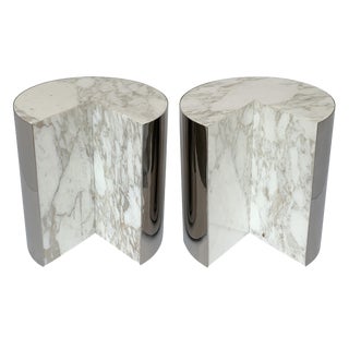 Pair of Pace Collection Marble and Steel Pie Shaped Side Tables For Sale
