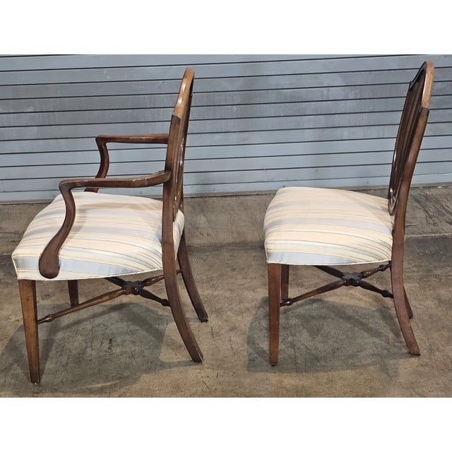 Mid 20th Century Set of 8 Mahogany Federal Style Shield Back Dining Chairs Silk Prussian Blue Fabric For Sale - Image 13 of 13