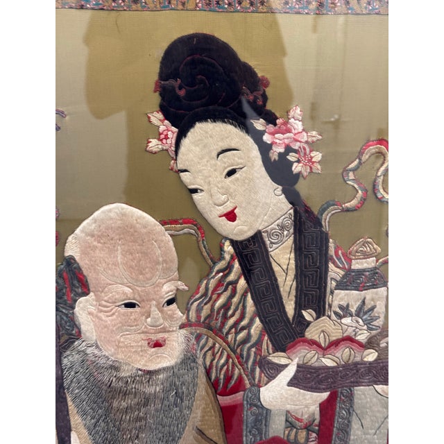 Mauve Shou Lao + Deer Silk Vintage Embroidery, Framed For Sale - Image 8 of 12