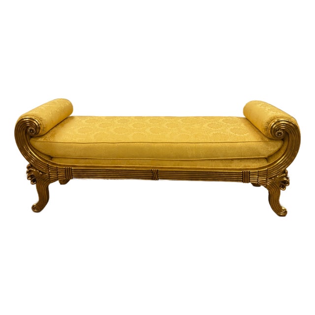 Imperial Regency Giltwood Chaise Bench in Gold Damask Upholstery For Sale