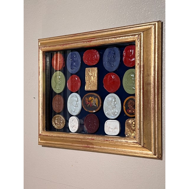 Italian Giltwood Shadow Box With Multicolor Grand Tour Neoclassical Intaglios and Cameos For Sale - Image 9 of 13