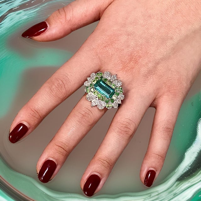 Natural Emerald Tsavorite Diamond Ring 6.75 14k White Gold 9.22 TCW Certified For Sale - Image 11 of 17