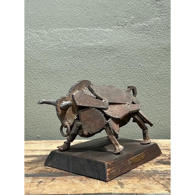 Vintage 1971 Brutalist Torch Cut Steel Bull For Sale - Image 9 of 12