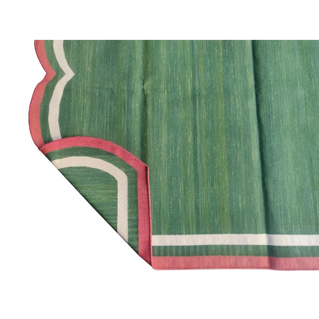 Textile Handmade Cotton Scalloped Rug, Green with Cream and Raspberry Border - 10'x14' For Sale - Image 7 of 9