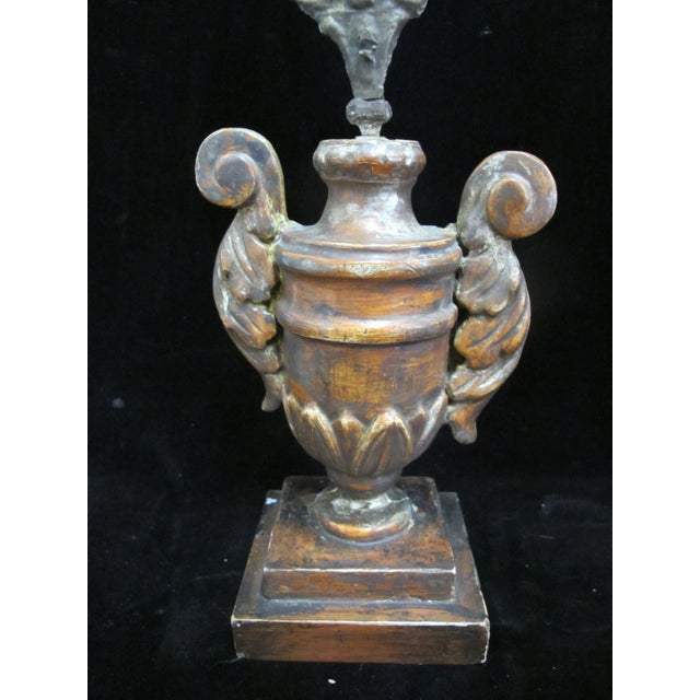 Italian 19thc Ornate Brass & Wood Flambeau Altar Candle Reflector Pair For Sale - Image 10 of 11