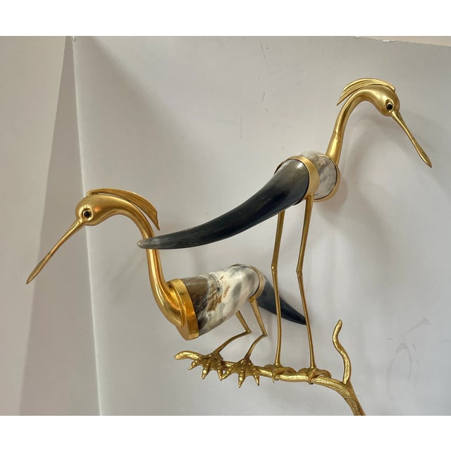 Italian Perched Birds Sculpture With Natural Horns & Dore Bronze, Hauy Pouigo 34" For Sale - Image 4 of 12
