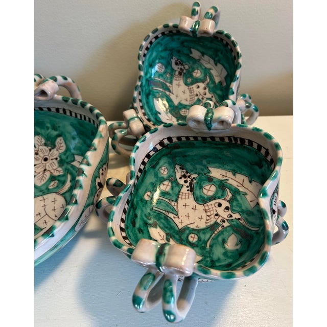 Vintage Italian Vietri Earthenware Pottery Handpainted Leaping Deer Emerald Green Salad Service for 8 For Sale In Philadelphia - Image 6 of 12
