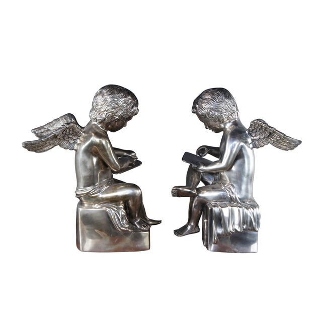 Neoclassical Set of 2 Vintage Large Neoclassical Silver Holloware Figural Cherub Angel Bookends Sculptures For Sale - Image 3 of 12