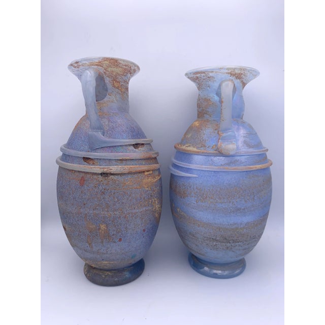 Contemporary Pair of Mid-Century Murano Blue Scavo Glass Amphora Vases. For Sale - Image 3 of 13