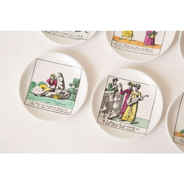 Vintage Piero Fornasetti Porcelain Colored Opera Coasters Il Mondo Alla Rovescia Set of 8 Italian MCM For Sale In Miami - Image 6 of 12