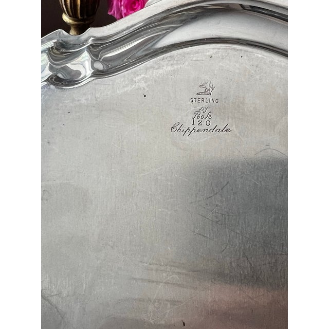 Poole Silver Co. Poole Sterling Silver Tray in the "Chippendale" Pattern 13 5/8 and 35.73 Ozt. // Midcentury .925 Silver Platter // Hollowware For Sale - Image 4 of 11