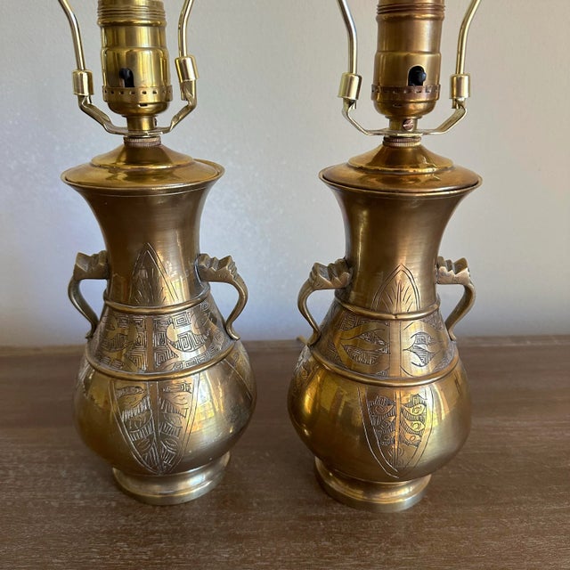 Art Deco Vintage Chinese Etched Brass Urn Vase Boudoir Lamps - A Pair For Sale - Image 3 of 10