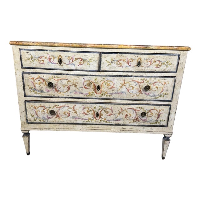 Antique Italian Hand-Painted Commode, 19th Century — Polychrome Scrolling Foliate Decoration For Sale