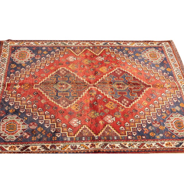 Vintage Hand-Knotted Persian Qashqai Rug 4'0" X 5'4" For Sale - Image 4 of 16