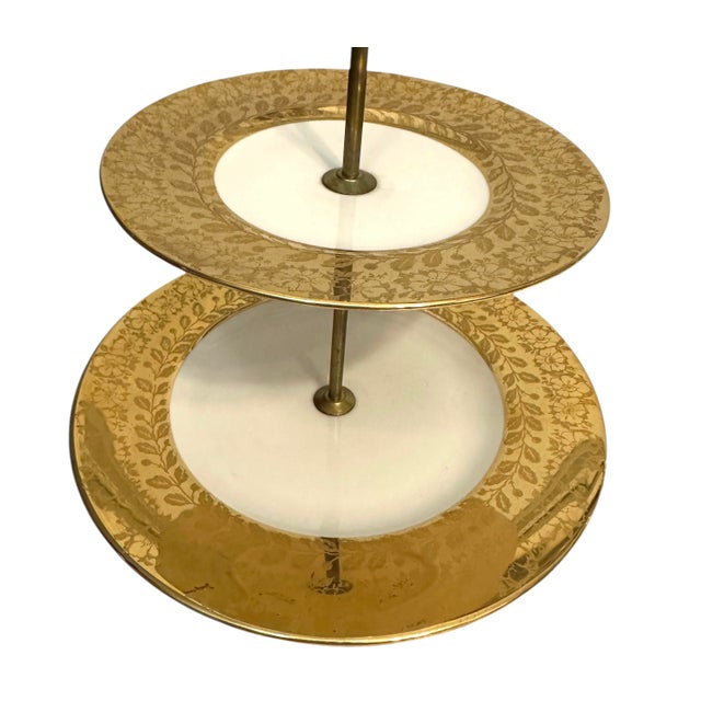 Mid-Century Modern Vintage Two-Tiered Serving Tray With 22k Gold Detailing For Sale - Image 3 of 10