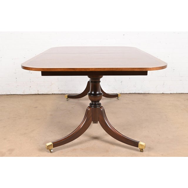 Baker Furniture Style Georgian Banded Mahogany Double Pedestal Extension Dining Table, Newly Refinished For Sale - Image 11 of 12