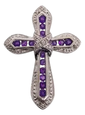 14 Karat White Gold Pendant Cross With Amethysts and Diamonds