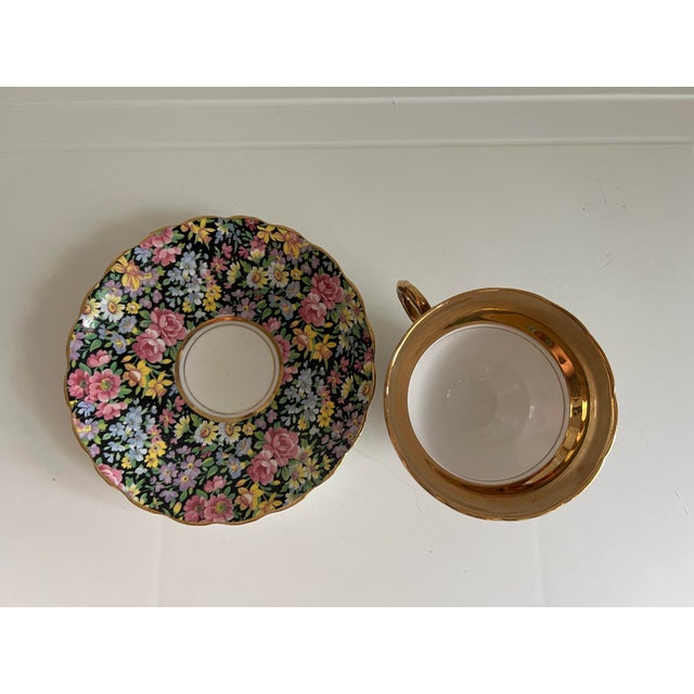 Victorian 1940s Rosina Black & Gold Chintz Tea Cup and Saucer For Sale - Image 3 of 8