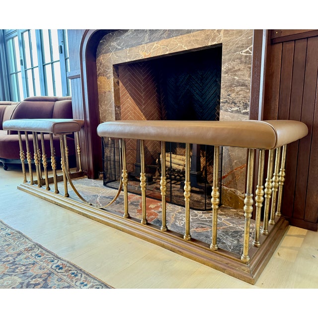 English Jamb Uk Brass & Leather Fireplace Club Fender For Sale - Image 3 of 12