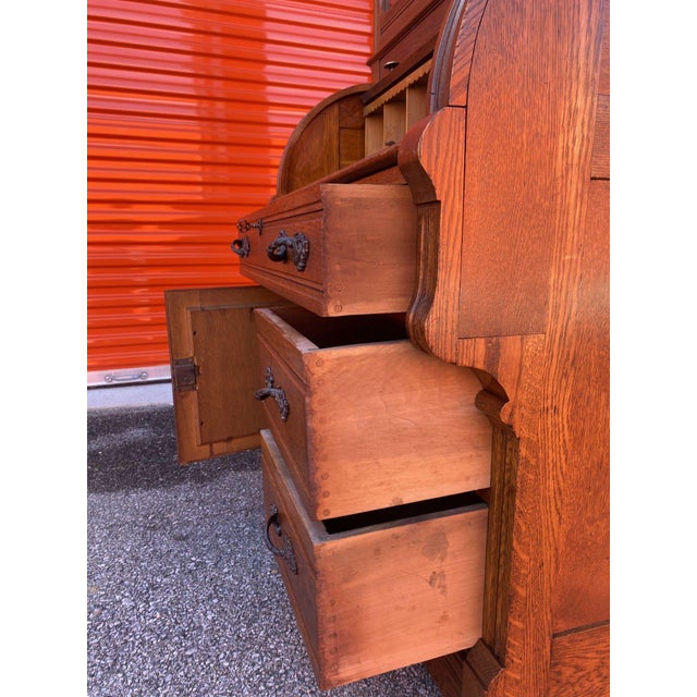 1800's Antique Victorian Eastlake Cylinder Roll-Top Secretary Desk With Bookcase For Sale - Image 4 of 11