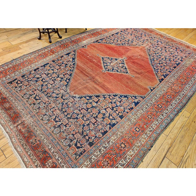 Antique Persian Malayer Rug, Hand-Knotted Wool, Geometric Pattern, 8x12, Terracotta & Navy For Sale - Image 4 of 16