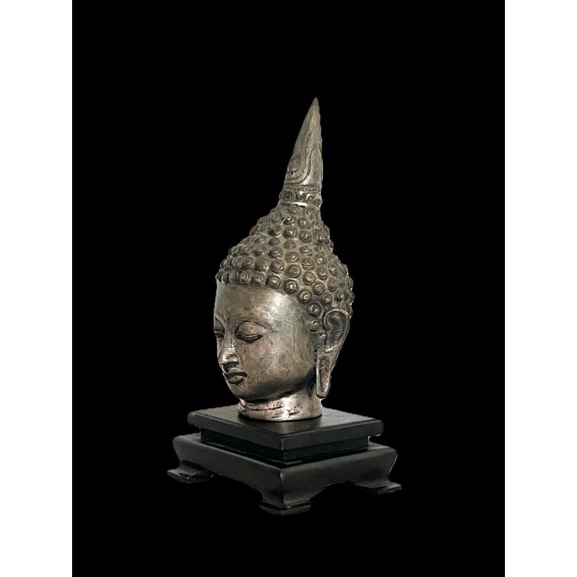 South East Asian 'Silver'' Shan Buddha Head on Carved Wood Stand For Sale - Image 4 of 11