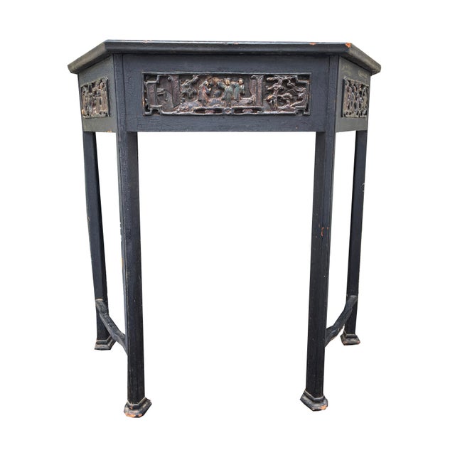 Antique Turn of the Century Chinoiserie Side Table With Hand-Carved and Painted Scenes For Sale - Image 4 of 10
