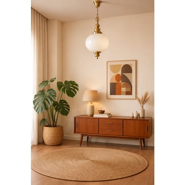 Vintage Pendant Lamp with Opal Glass Globe and Brass Details, 1970s For Sale - Image 4 of 8