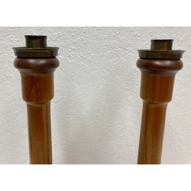 English Pair of Vintage Two-Tone Wooden Candlesticks With Brass Bobeche From England. For Sale - Image 3 of 12