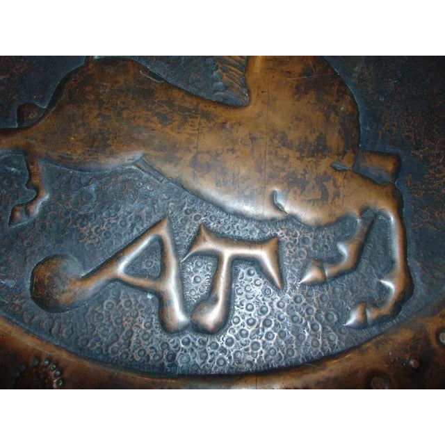 Pre-war copper coat of arms, shield, plaque, signed with the monogram A.T.,horse, repoussed, dimensions: height 55 cm,...