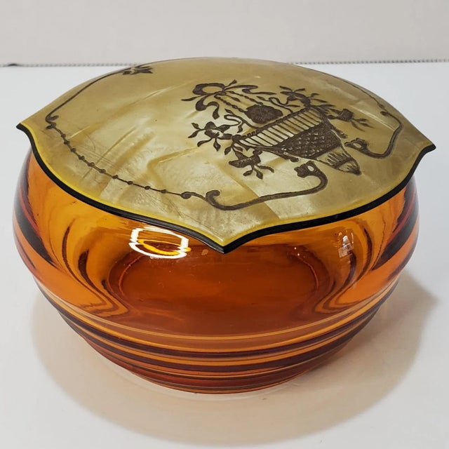 Art Nouveau 1940s Amber Glass Powder Jar With Celluloid Lid For Sale - Image 3 of 11