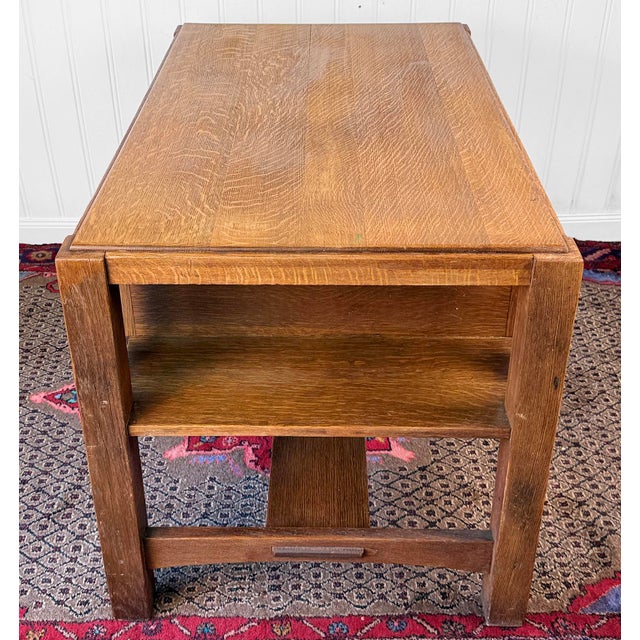 Antique Charles Limbert Arts & Crafts Quartersawn Oak Writing Desk W/ Bookshelf For Sale - Image 6 of 17