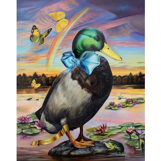 Pink Dreams by Claudia Griesbach-Martucci | Oil on Artefex Duck with a bow tie and butterflies in a landscape For Sale