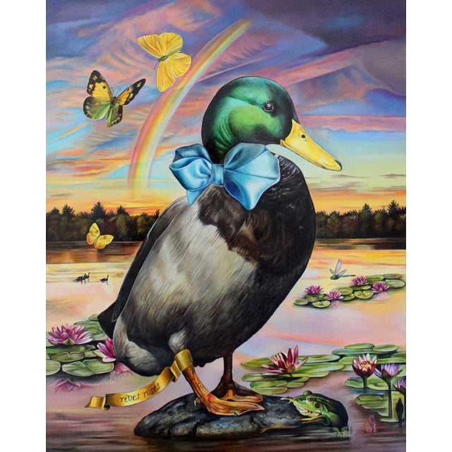 Pink Dreams by Claudia Griesbach-Martucci | Oil on Artefex Duck with a bow tie and butterflies in a landscape For Sale