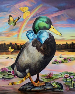 Pink Dreams by Claudia Griesbach-Martucci | Oil on Artefex Duck with a bow tie and butterflies in a landscape