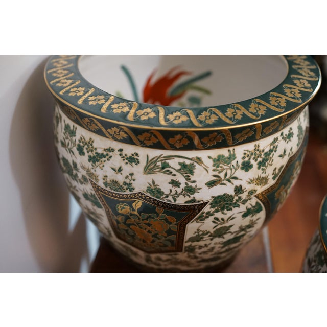 Gold Chinese Canton Vintage Enamel Gilt Dark-Green-Ground Jardinières - set of 2 For Sale - Image 8 of 10