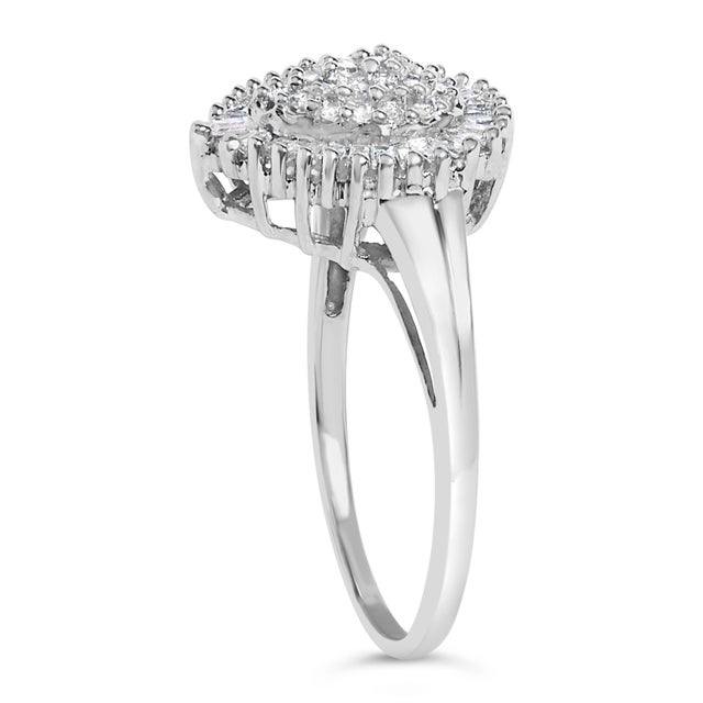 Haus of Brilliance 10K White Gold 1/2 Cttw Round & Baguette Cut Diamond Pear Shaped Domed Pavé Cluster with Halo Cocktail Ring (H-I Color, SI1-SI2 Clarity) - Size 7.25 For Sale - Image 4 of 6