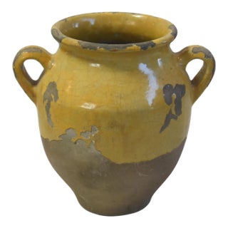Italian Rustic Farmhouse Yellow Glazed Confit Pot With Handles For Sale