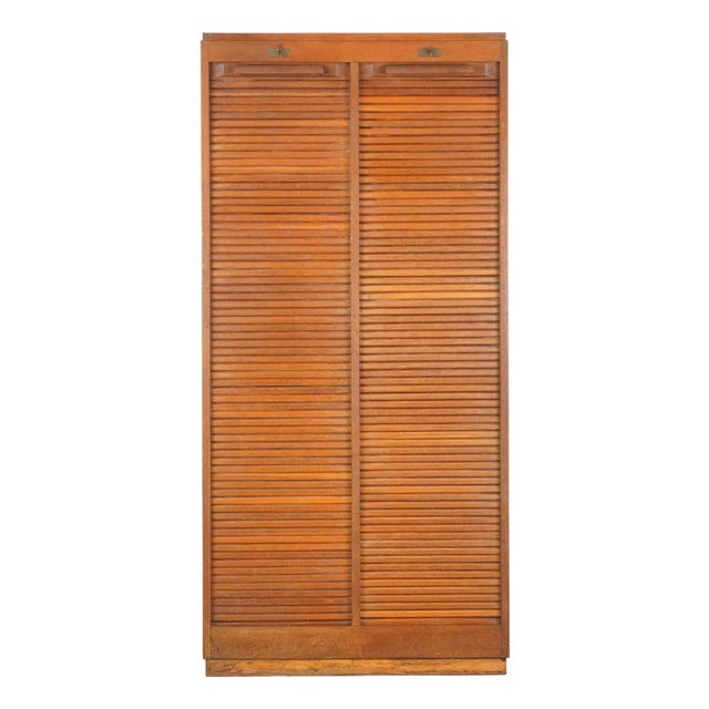 Vintage European Mid Century Double Tambour Door Office File Cabinet For Sale