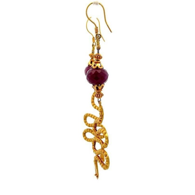 Late 20th Century Ruby Snake Earrings 18k Long Drop Dangle in Yellow Gold, 2 pieces For Sale - Image 5 of 6
