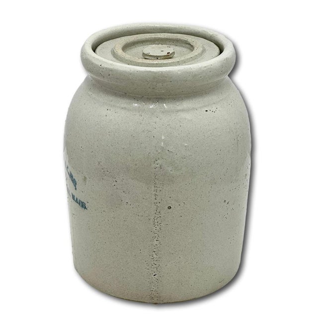 Antique Massachusetts 1 Quart Size Stoneware Oyster Crock - Jar With Hard to Find Original Lid - Circa 1890s For Sale - Image 10 of 18
