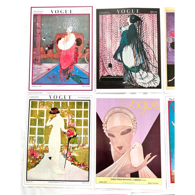 A vibrant set of 11 vintage Vogue magazine cover illustration prints depicting Parisian fashions from the early 20th...